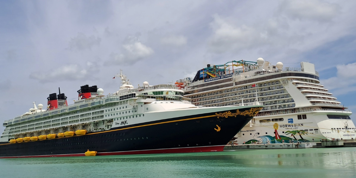 Two Cruise Ships Dock at Antigua Cruise Port During the Summer Season. Vessels docked at Heritage Quay on Monday indicating a solid uptick in cruise tourism during the summer season (Image at LateCruiseNews.com - May 2023)